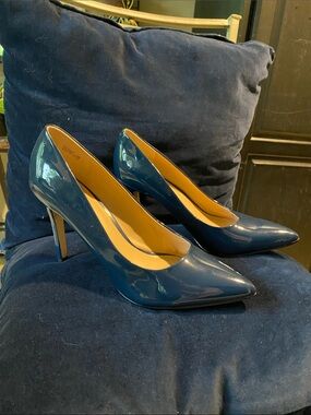Neiman Marcus Teal Patent Pointed-Toe Stiletto Pumps
